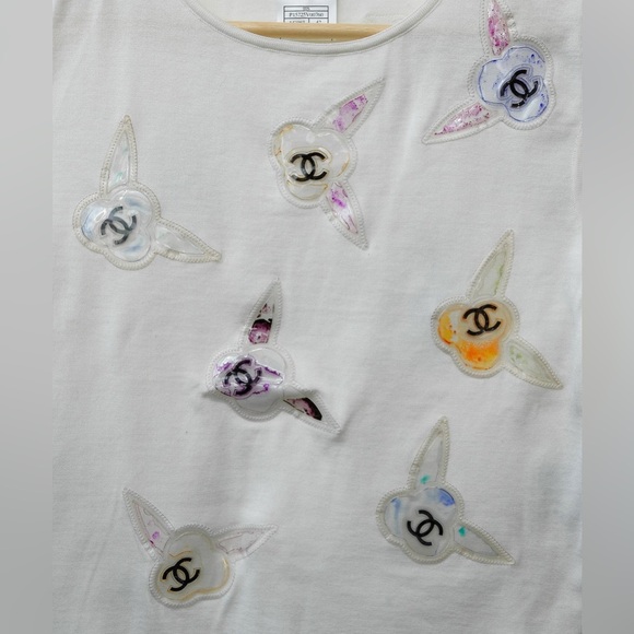 CHANEL Multicolor Camelia Flower Top  White Cotton Shirt 42 6 8 Small Medium EUC - Picture 6 of 16